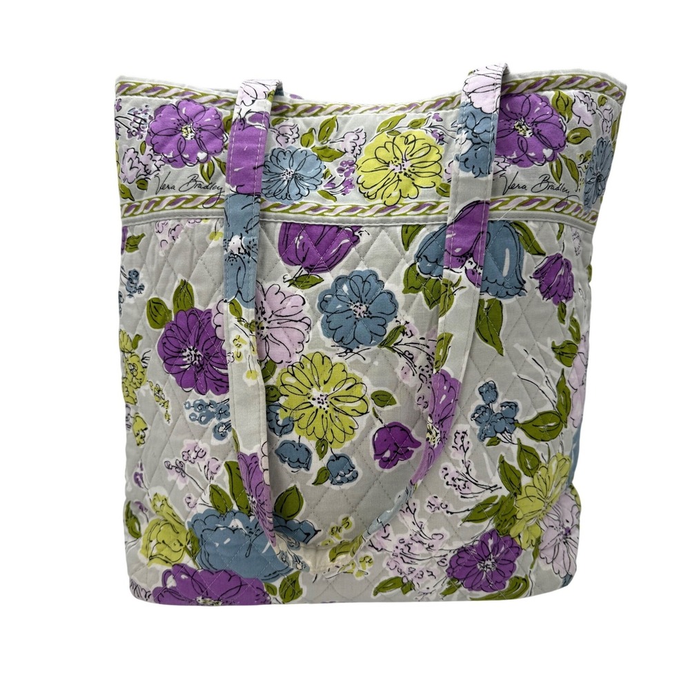 Vera Bradley Quilted Floral Tote Bag Purple Blue Green Grey Toggle Closure Large